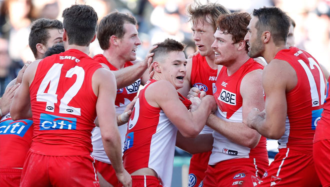 Forwards - Swans get around Ben Ronke after kicking his first AFL goal on debut