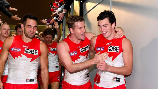 Sydney Swans forward Tom McCartin celebrates the Swans win against Collingwood with his final quarter goal